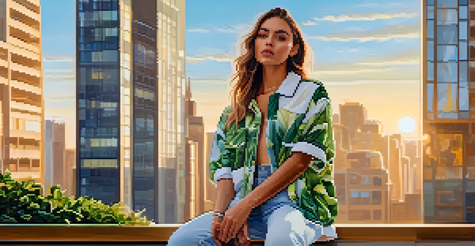 A fashion influencer wearing an eco-friendly outfit in an urban setting, surrounded by greenery, captured during golden hour.