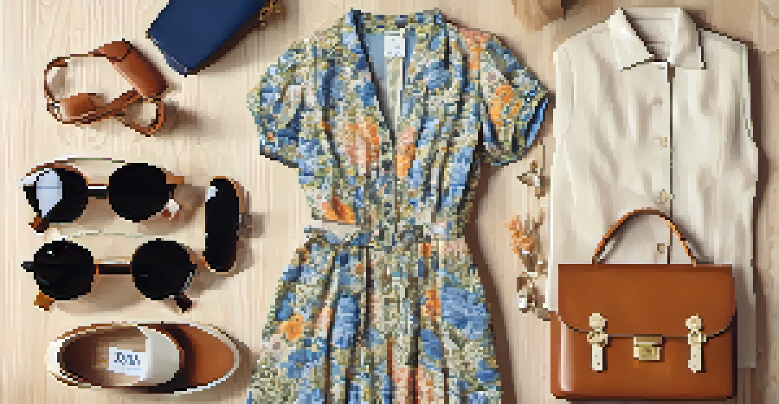 A flat lay display of curated second-hand fashion items, including a floral dress, retro sunglasses, and a handbag on a wooden surface.