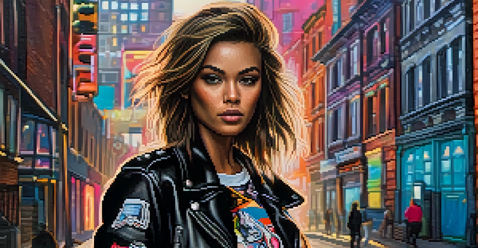 A young woman in a leather jacket and graphic tee standing in a colorful city street with graffiti and neon lights.