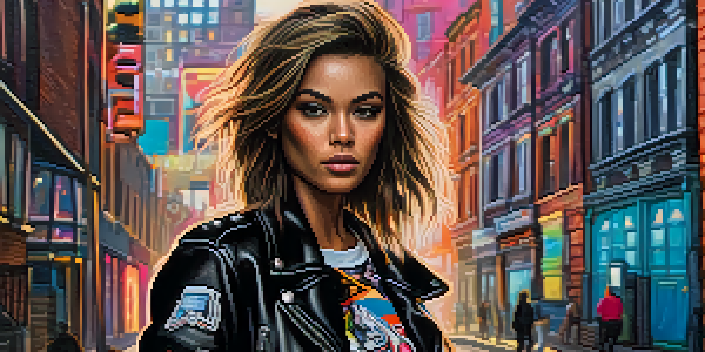 A young woman in a leather jacket and graphic tee standing in a colorful city street with graffiti and neon lights.