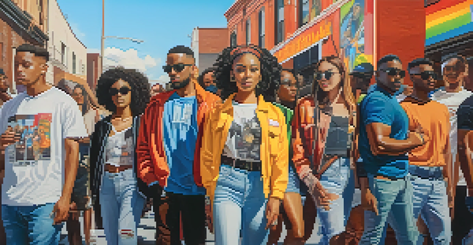 A lively urban scene with people in stylish streetwear, featuring colorful graphics and slogans about social justice, set against a vibrant mural.