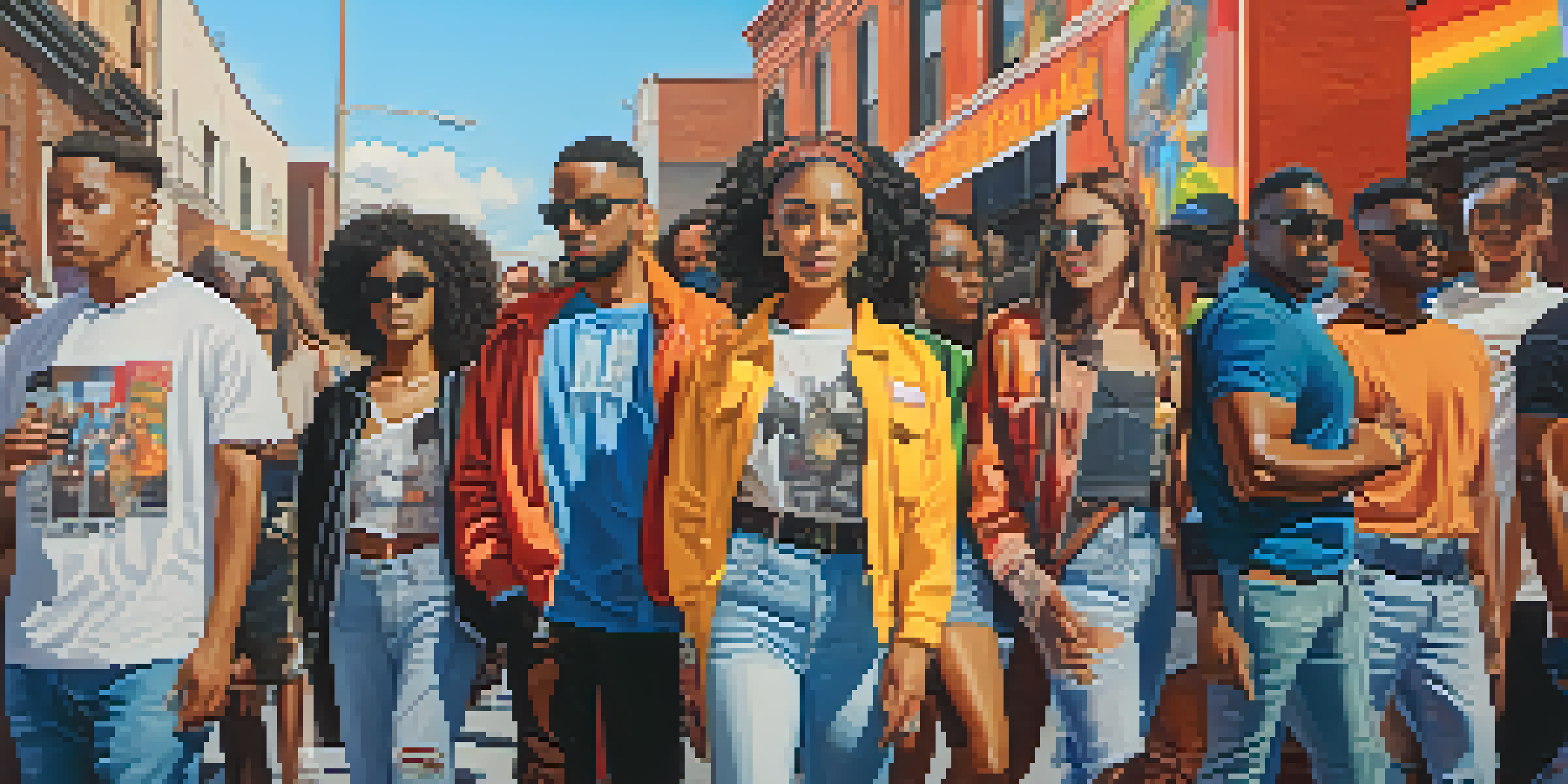 A lively urban scene with people in stylish streetwear, featuring colorful graphics and slogans about social justice, set against a vibrant mural.