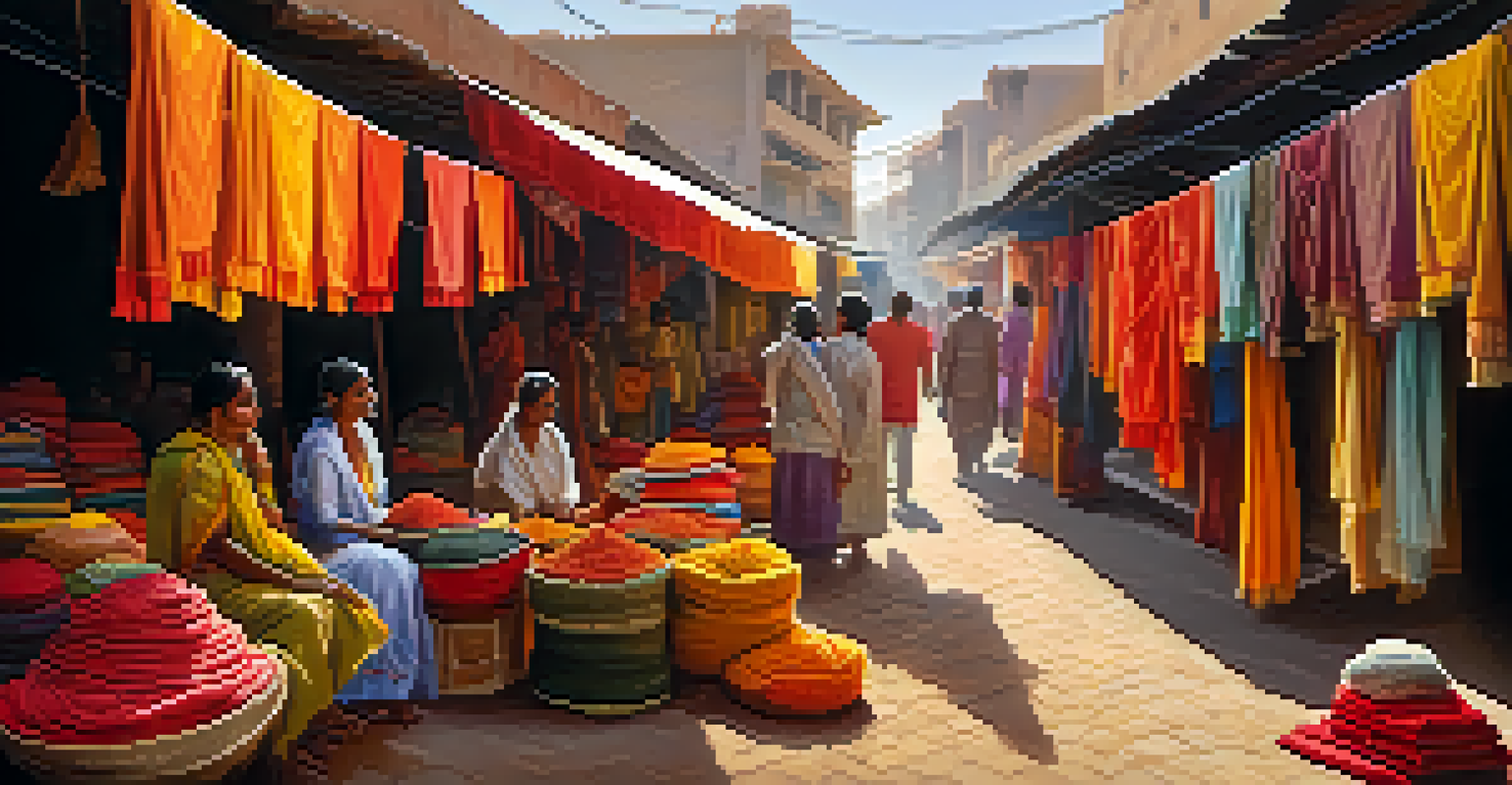A market scene with a vendor displaying colorful fabrics in natural dyes under sunlight.