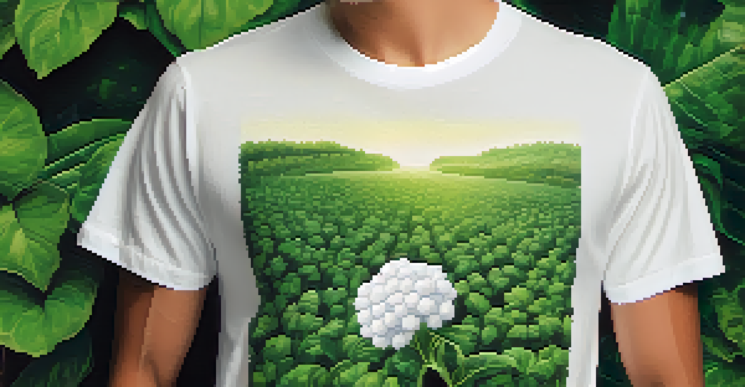 A close-up of a hand holding an organic cotton t-shirt against a backdrop of green plants.