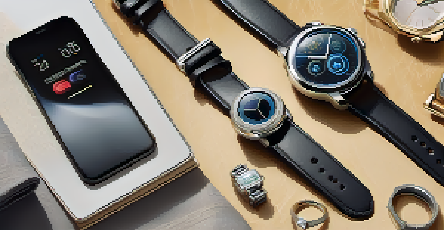 An elegant arrangement of wearable technology accessories on a textured fabric background.