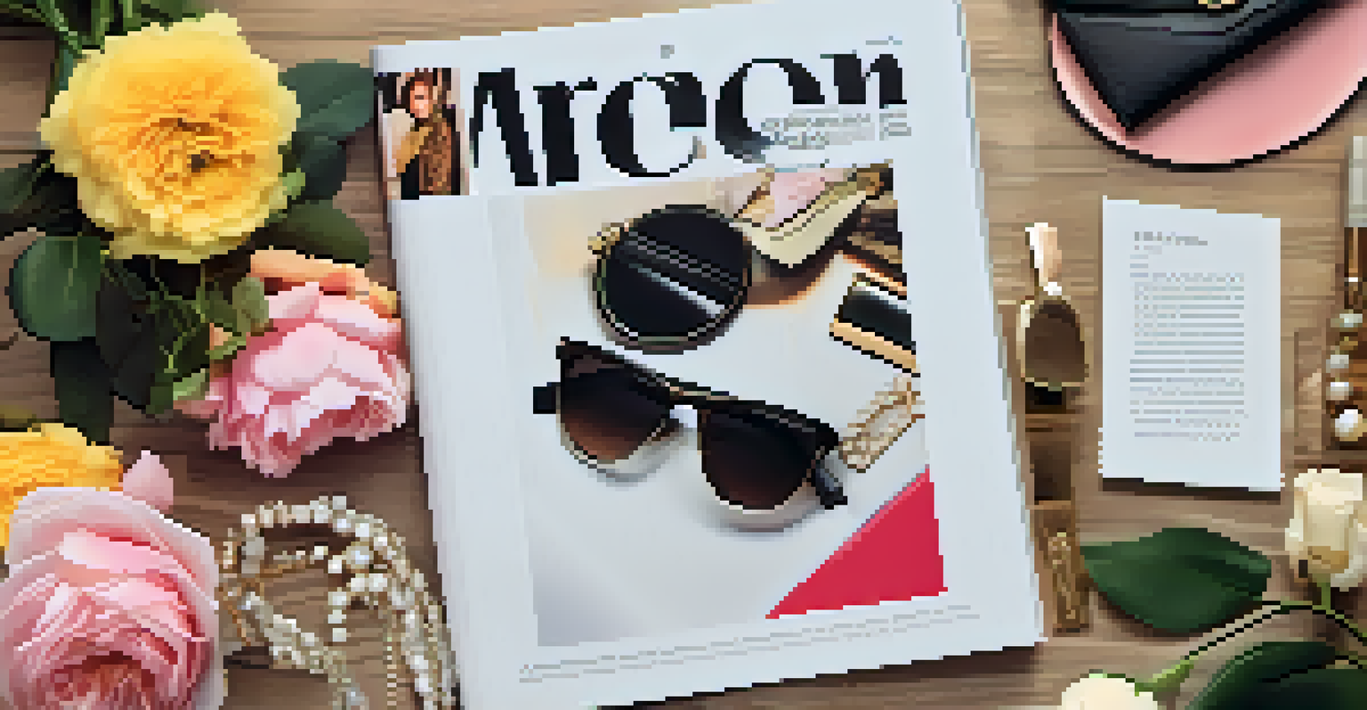 A flat lay of a fashion magazine open to a colorful spread, surrounded by flowers and fashion accessories on a wooden table.