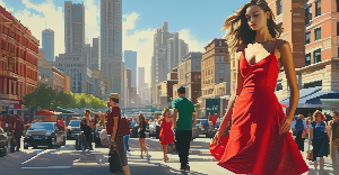 A confident model wearing a bright red dress stands in a sunny urban setting, surrounded by a lively cityscape.