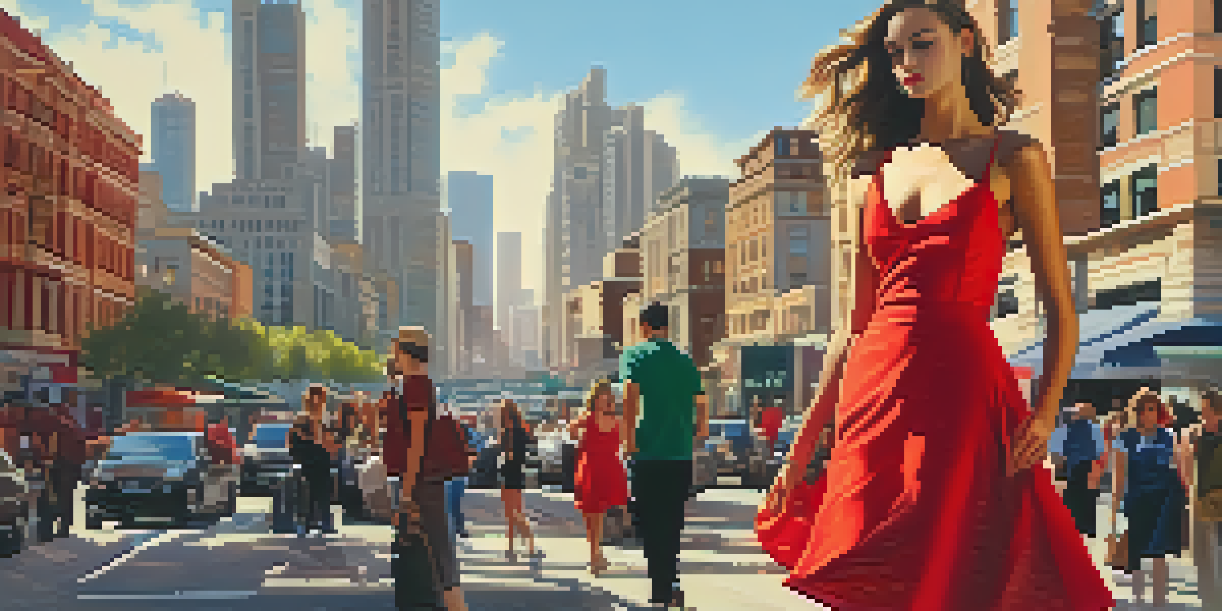 A confident model wearing a bright red dress stands in a sunny urban setting, surrounded by a lively cityscape.
