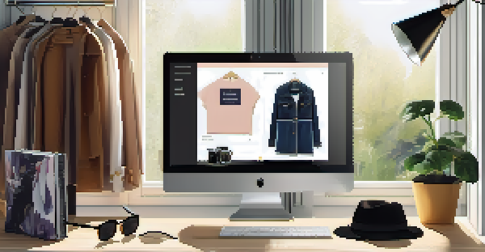A laptop showing an online clothing store with fashionable outfits and stylish accessories on a wooden table.