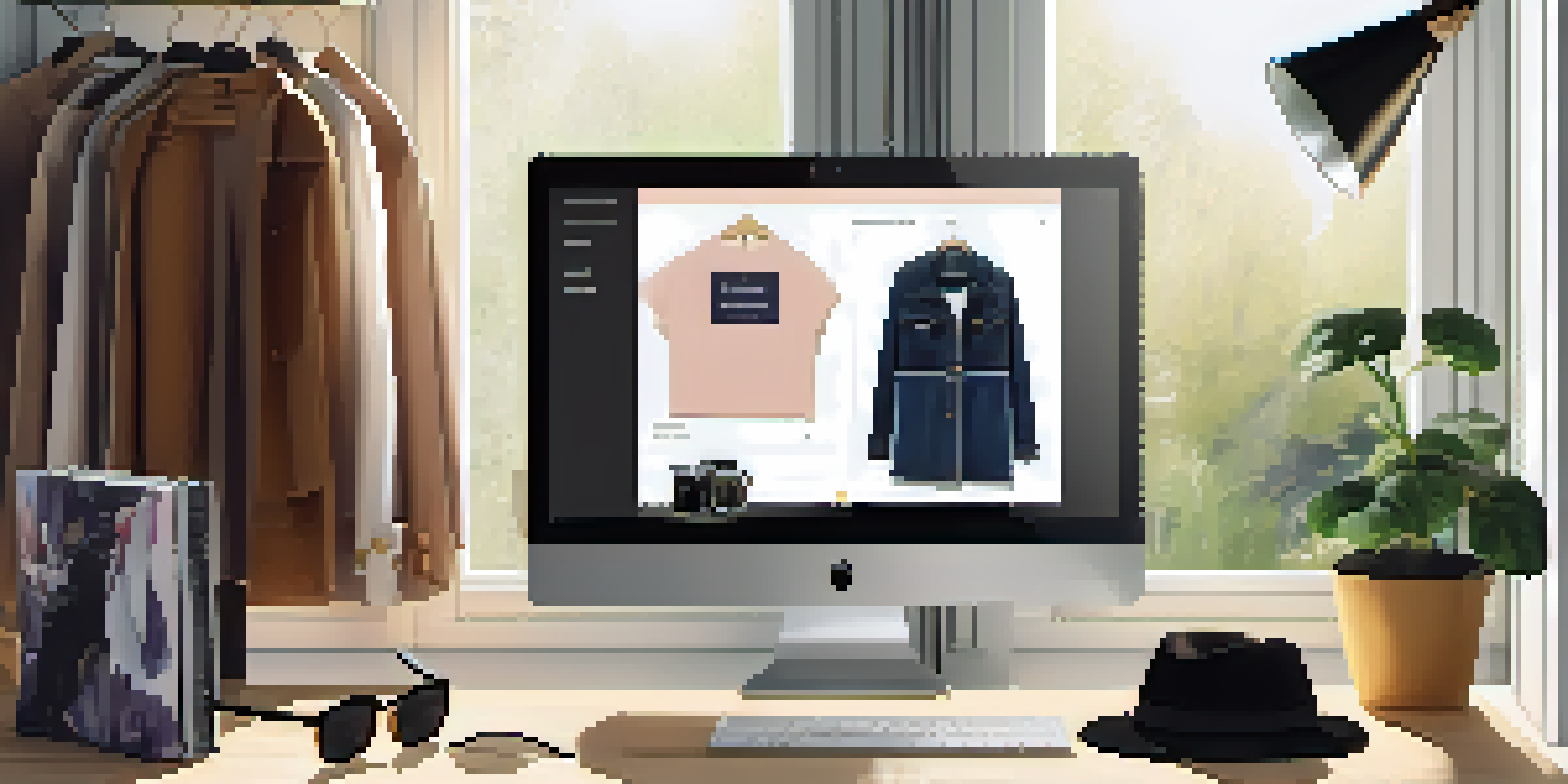 A laptop showing an online clothing store with fashionable outfits and stylish accessories on a wooden table.