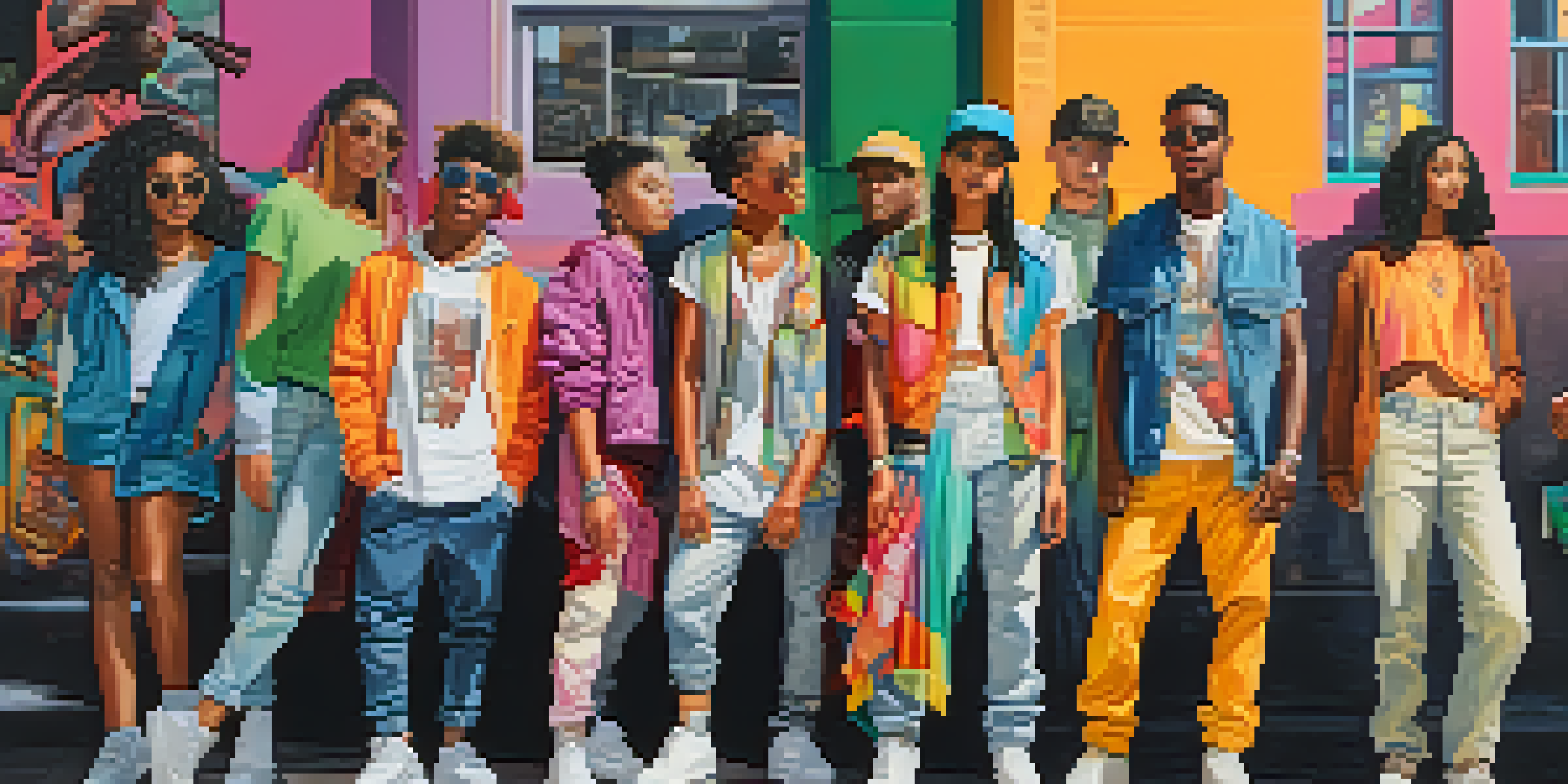 A diverse group of young individuals dressed in various colorful fashion styles in an urban setting, with murals in the background and warm lighting.