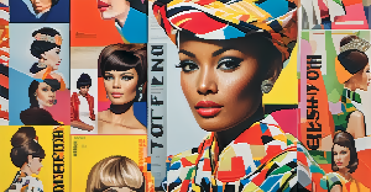 A vibrant 1960s fashion magazine cover featuring bold patterns and diverse models with playful typography and bright colors.