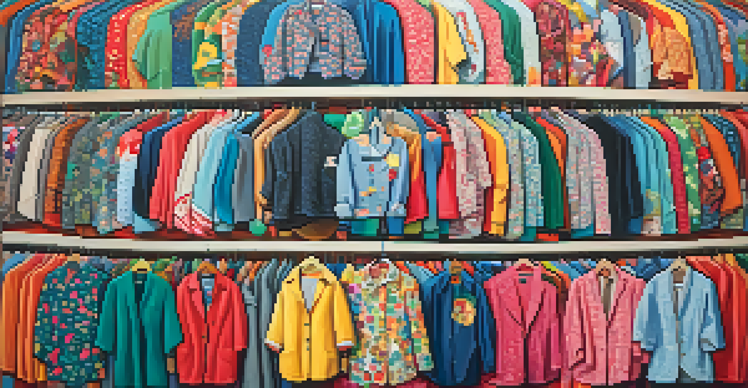 A colorful collage of second-hand clothing items in a circular pattern, surrounded by recycling symbols and floral designs, illustrating circular fashion.