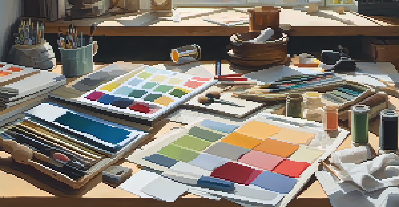 A designer's workspace filled with fabric swatches, tools, and natural light.