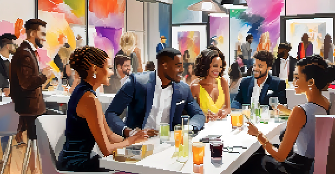 A vibrant networking event in a fashion studio with young professionals chatting, colorful sketches, and elegant refreshments.