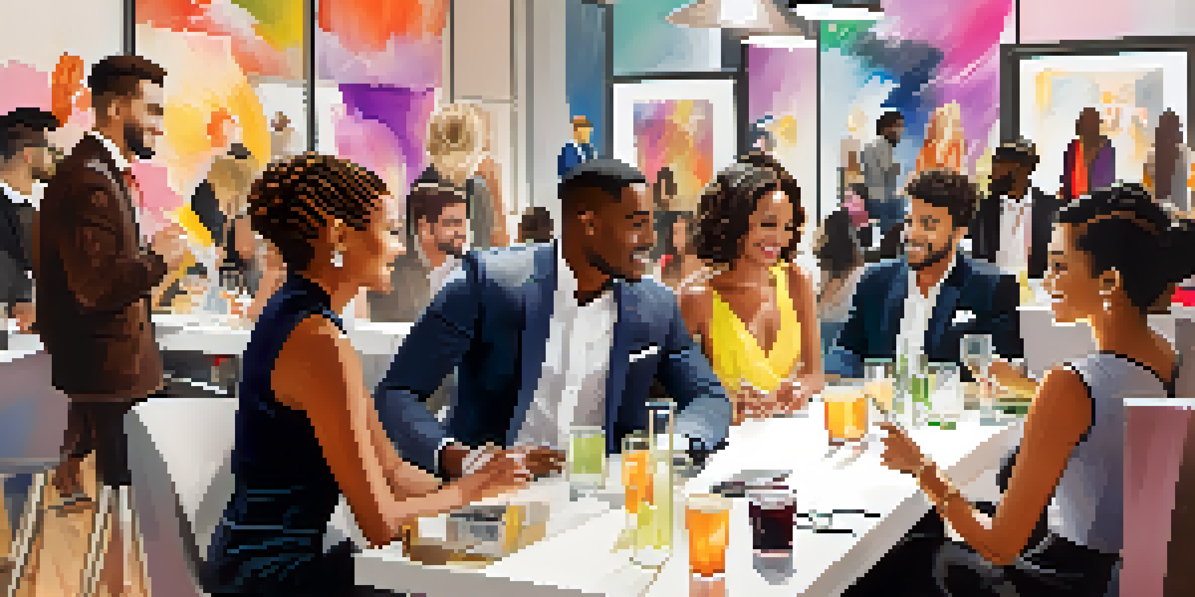 A vibrant networking event in a fashion studio with young professionals chatting, colorful sketches, and elegant refreshments.