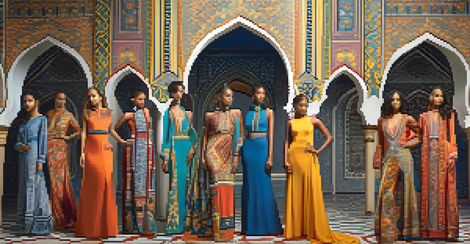 Fashion garments with intricate tile patterns inspired by Moorish architecture, displayed against a backdrop of Moorish arches.