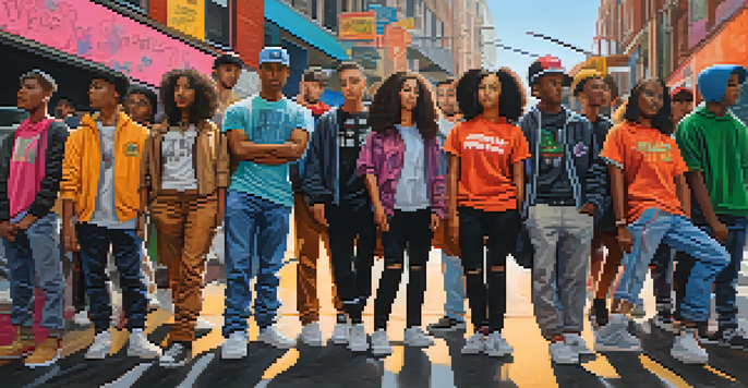 A diverse group of young activists in streetwear with social justice slogans standing in an urban setting with colorful graffiti.