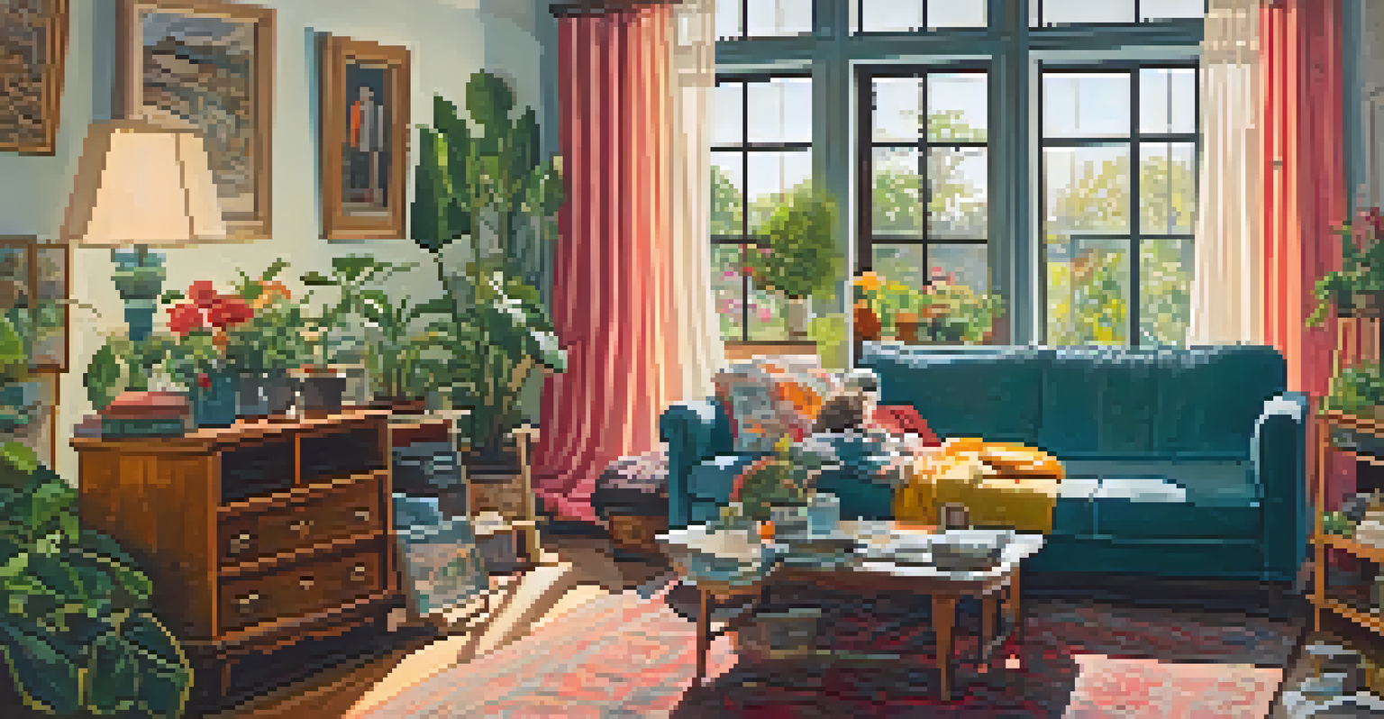 A person happily browsing through second-hand clothing in a cozy living room filled with plants and vintage decor.