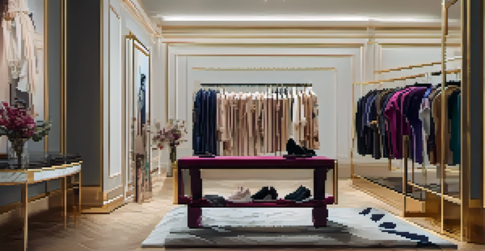 A high-end boutique showcasing a collaboration between a luxury fashion brand and streetwear, with a model presenting limited-edition pieces.