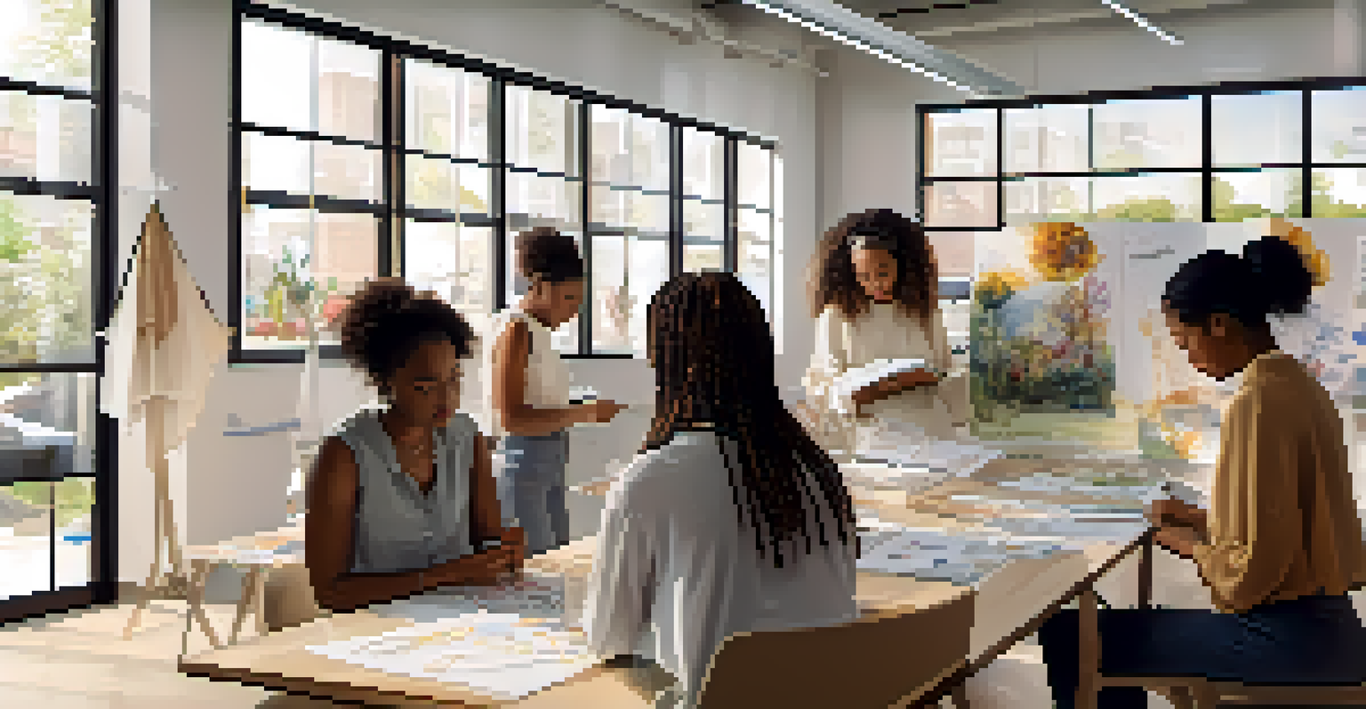 A group of women in a classroom participating in a sustainable fashion workshop, discussing designs and showcasing eco-friendly materials, with inspirational quotes on the walls.
