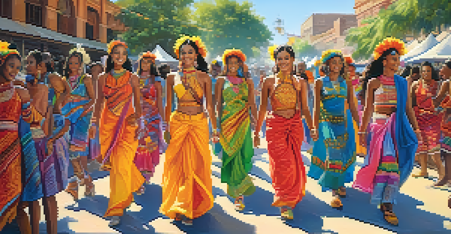 A colorful outdoor fashion show celebrating diversity, with models in rainbow outfits amidst festive decorations.