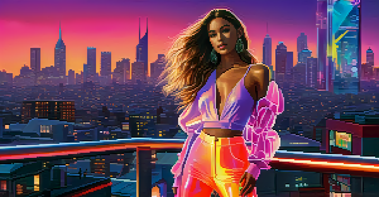 A fashion influencer in a modern outfit posing against a futuristic cityscape at dusk with neon lights.