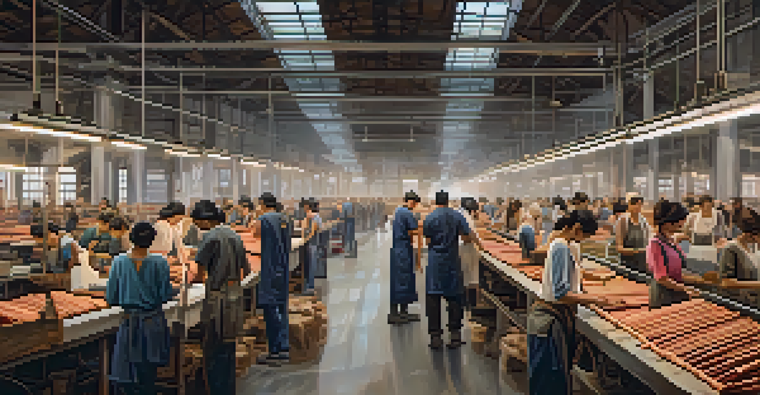 A visual contrast of a fast fashion factory with workers and a cozy local artisan workshop filled with handcrafted goods, highlighting ethical differences.