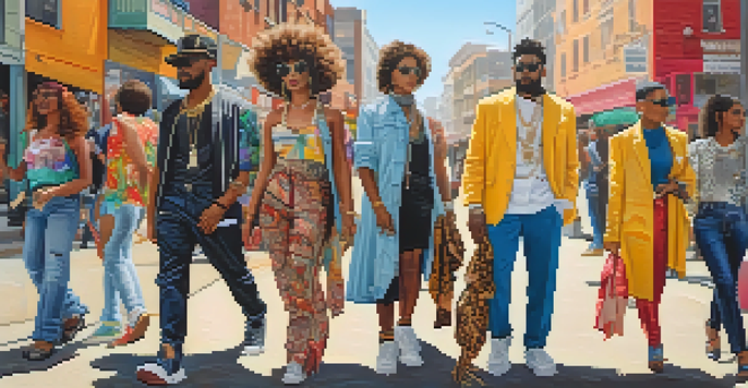 A colorful urban street scene with diverse individuals in unique fashion styles, reflecting their personal identities.