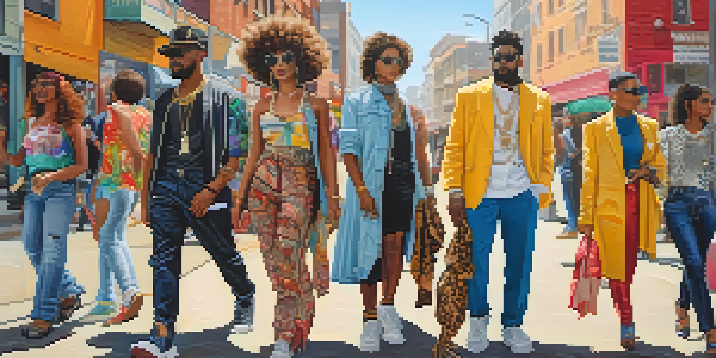 A colorful urban street scene with diverse individuals in unique fashion styles, reflecting their personal identities.
