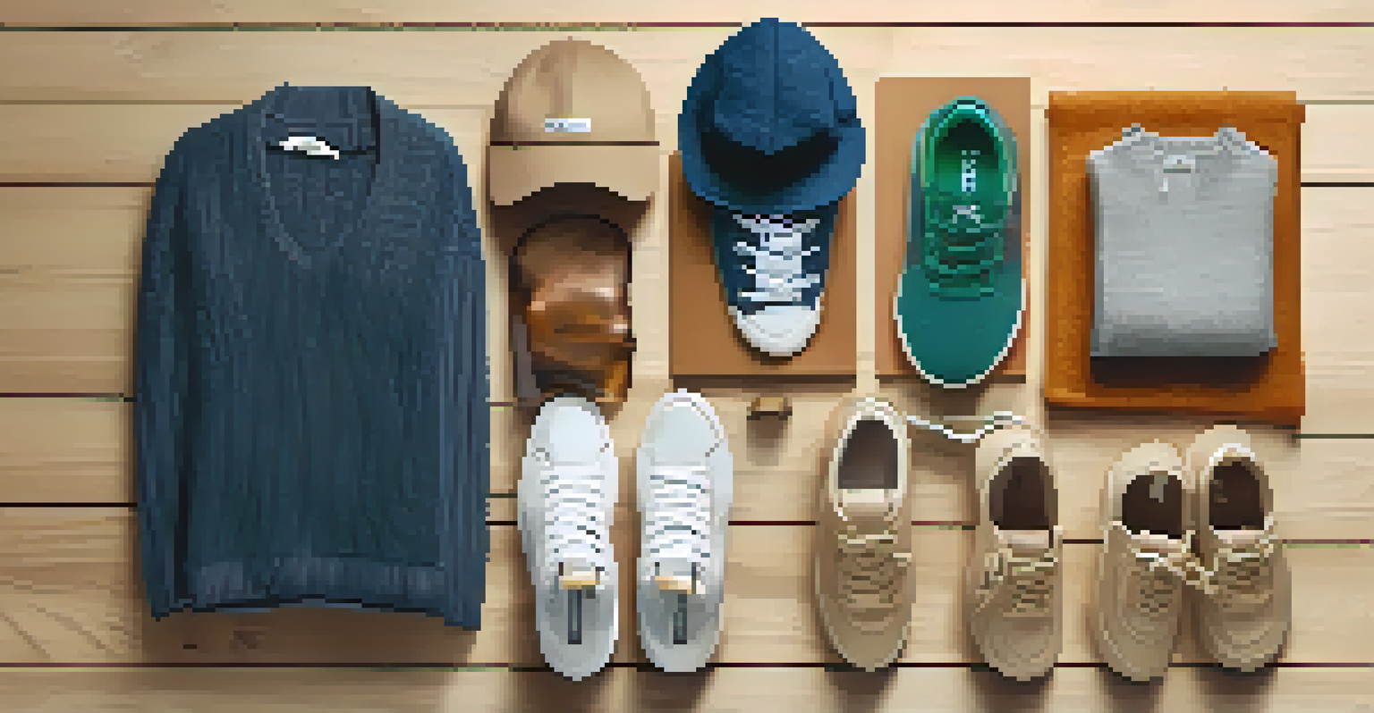 A flat lay of gender-neutral fashion items including sneakers, a sweater, and accessories on a wooden surface.