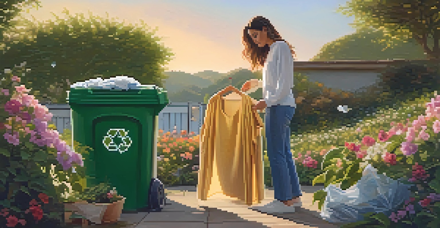 A woman recycling clothes outdoors, surrounded by nature and flowers, highlighting the importance of sustainable practices.