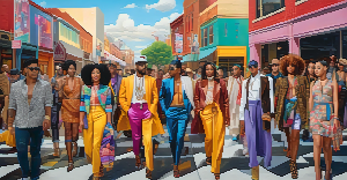 A diverse group of individuals in a vibrant street scene, dressed in unique outfits that blend masculine and feminine styles, with colorful murals in the background.