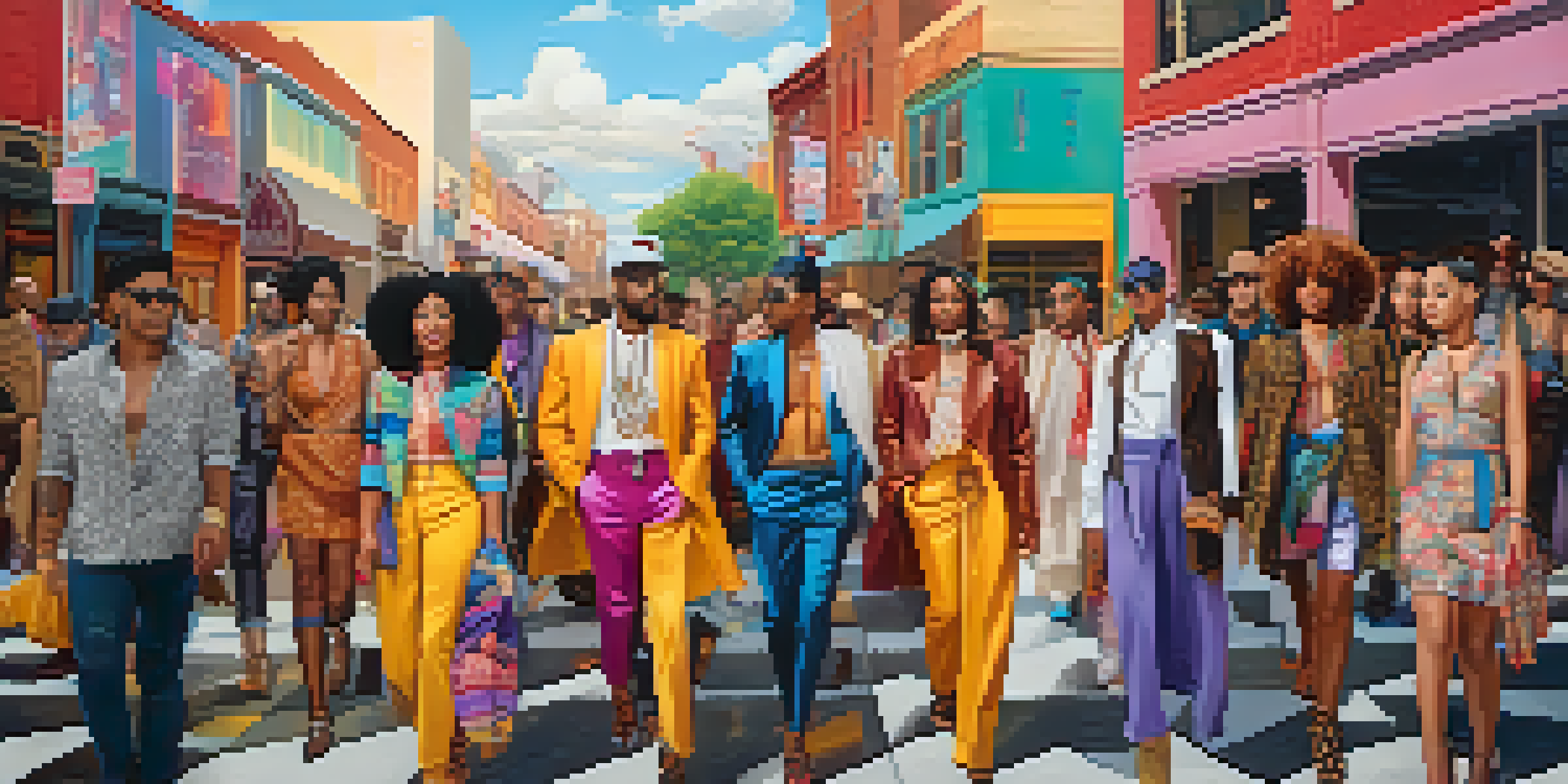 A diverse group of individuals in a vibrant street scene, dressed in unique outfits that blend masculine and feminine styles, with colorful murals in the background.