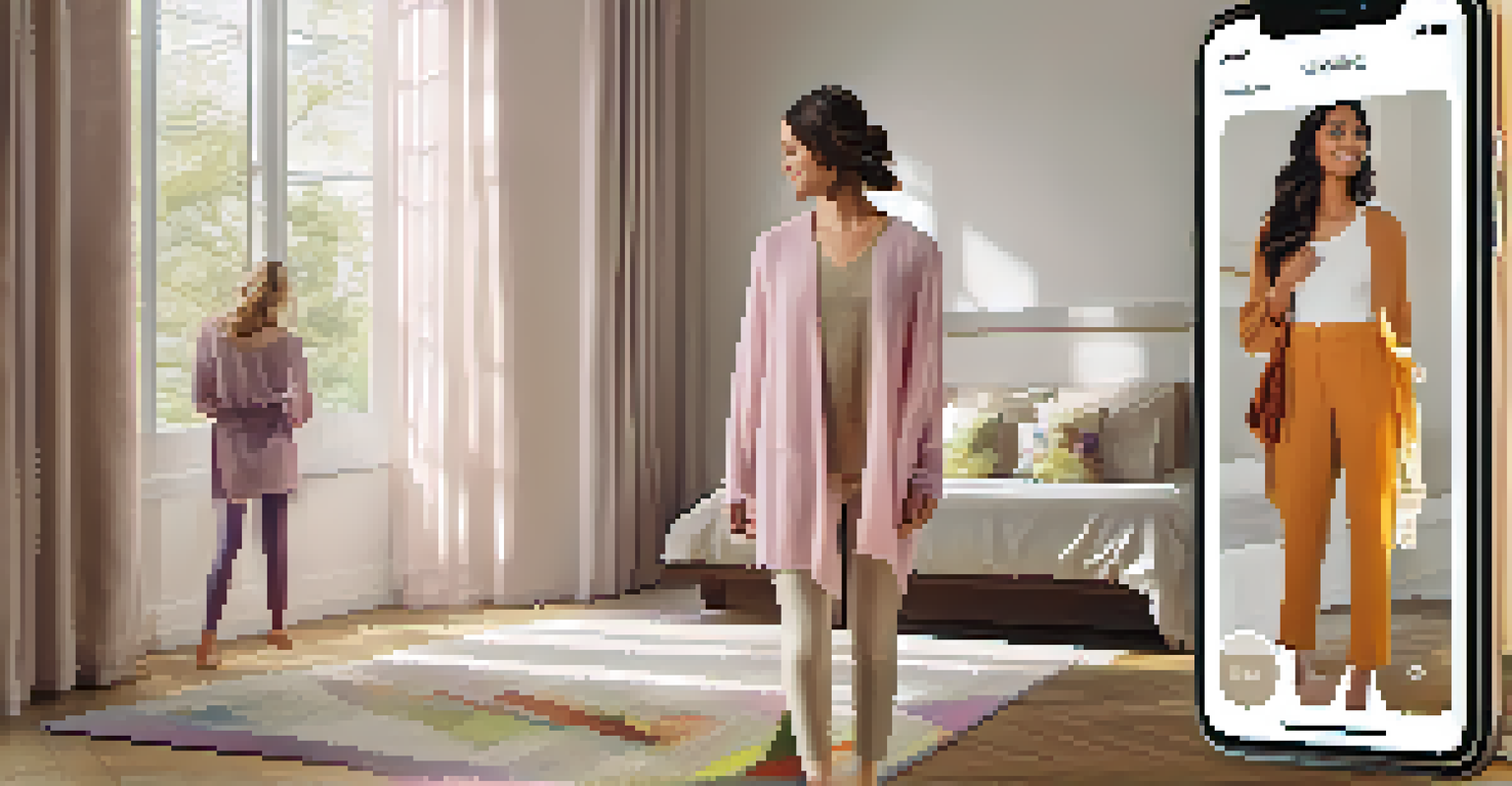 A user interacting with an augmented reality app in a cozy bedroom, trying on different outfits in front of a mirror.