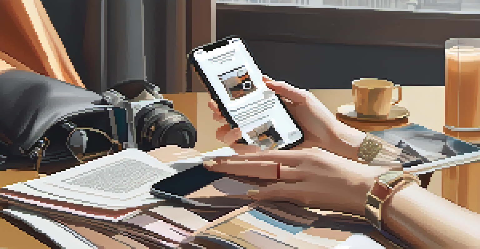 A close-up of a hand holding a smartphone showing a curated outfit post, with a stylish desk background filled with fashion magazines and fabric swatches.