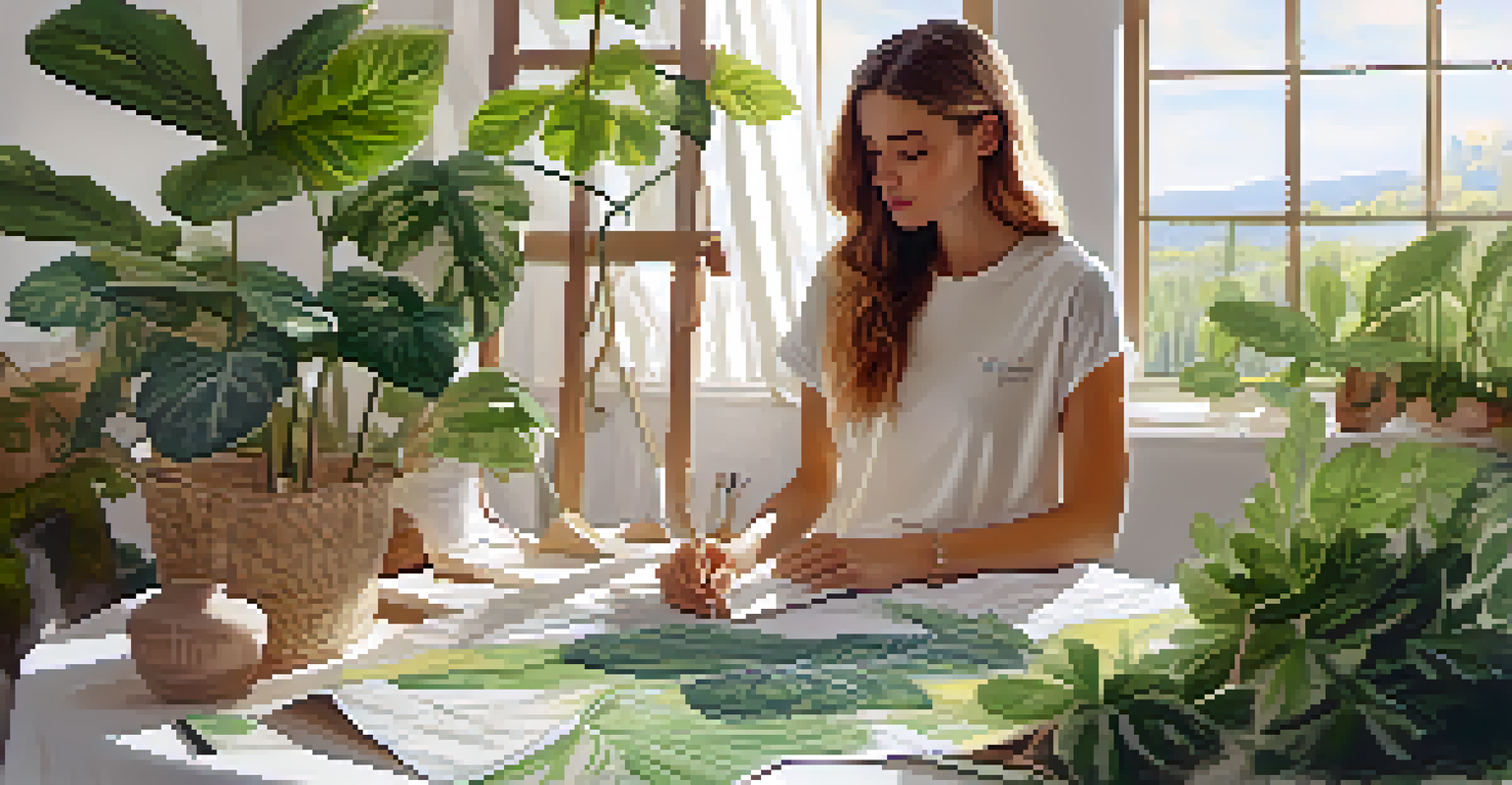 A designer sketching clothing amid eco-friendly materials and plants, representing a sustainable fashion supply chain with earthy colors.