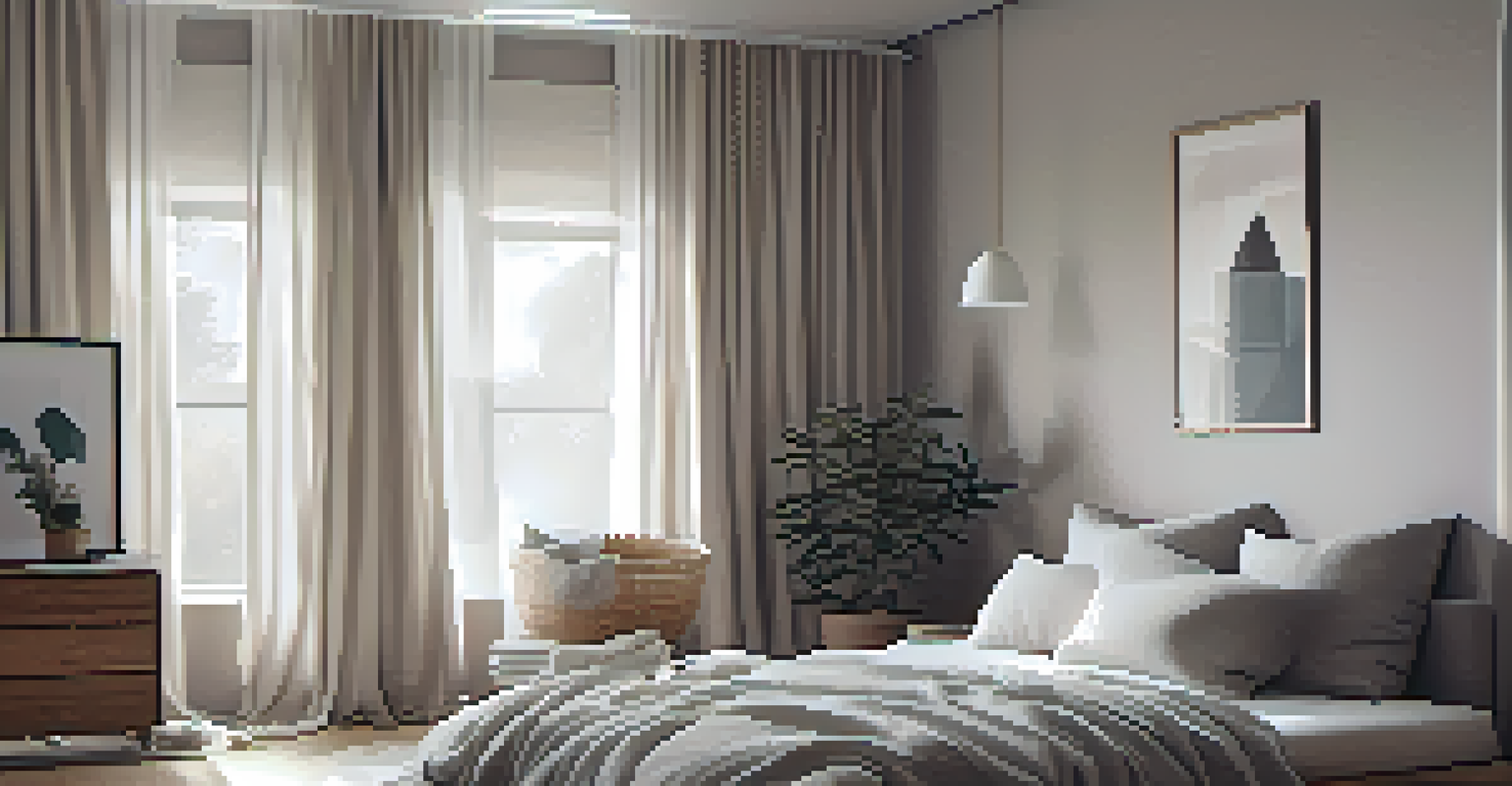 A minimalist bedroom with a neatly made monochromatic bed and a potted plant on the nightstand, illuminated by soft natural light.