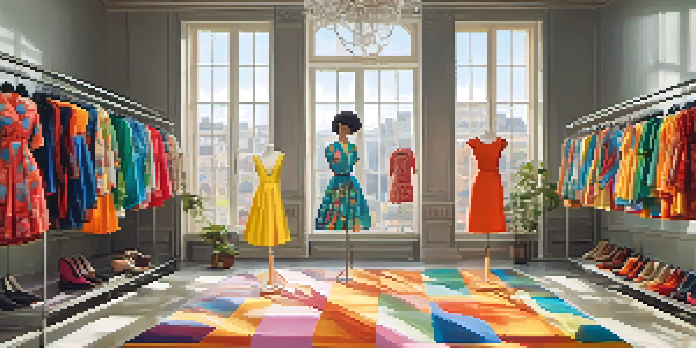 A diverse model showcasing a colorful dress inspired by childhood memories in a sunlit studio.