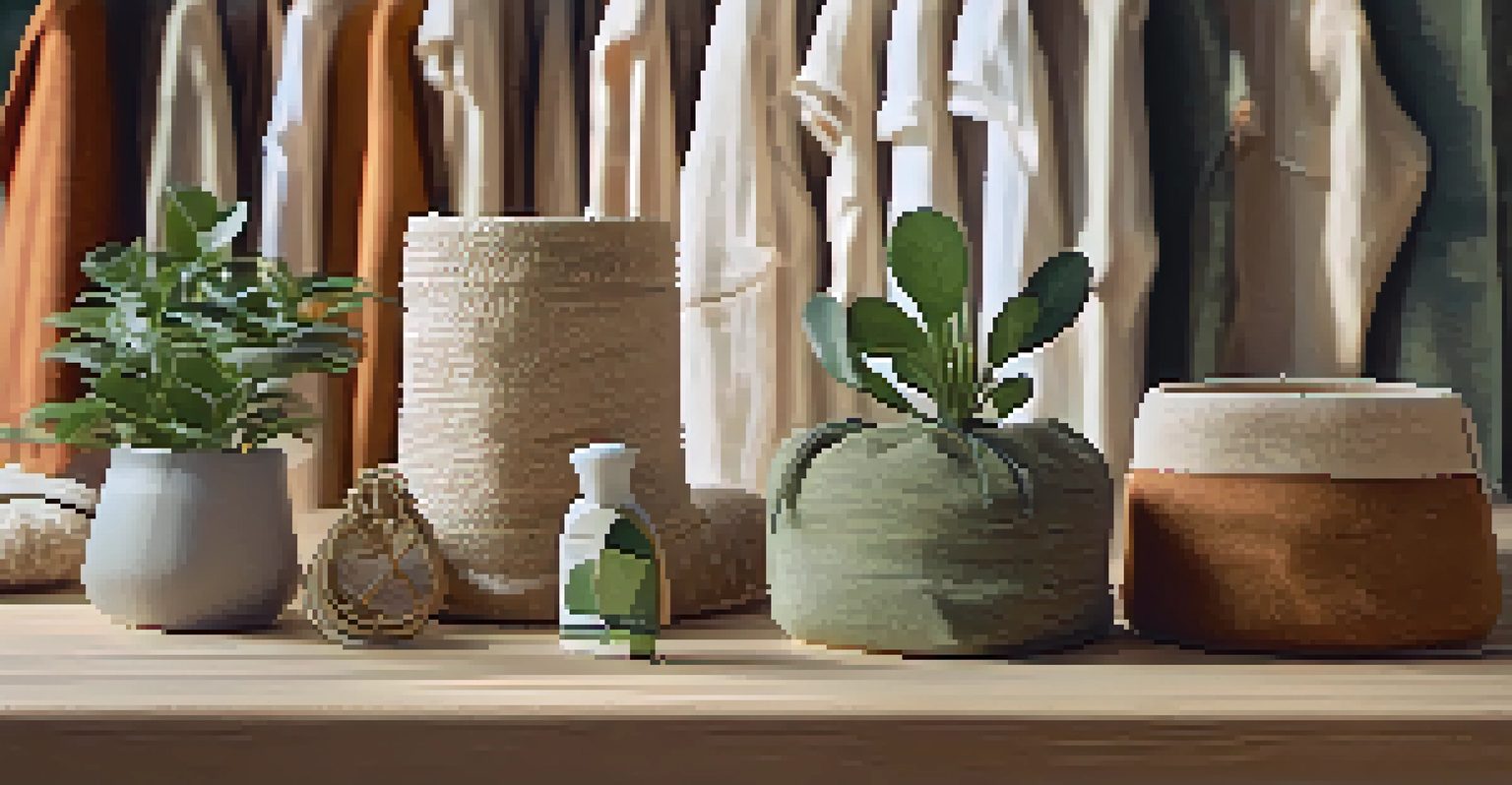 Close-up of sustainable fashion garments on a wooden table with natural lighting and potted plants in the background.