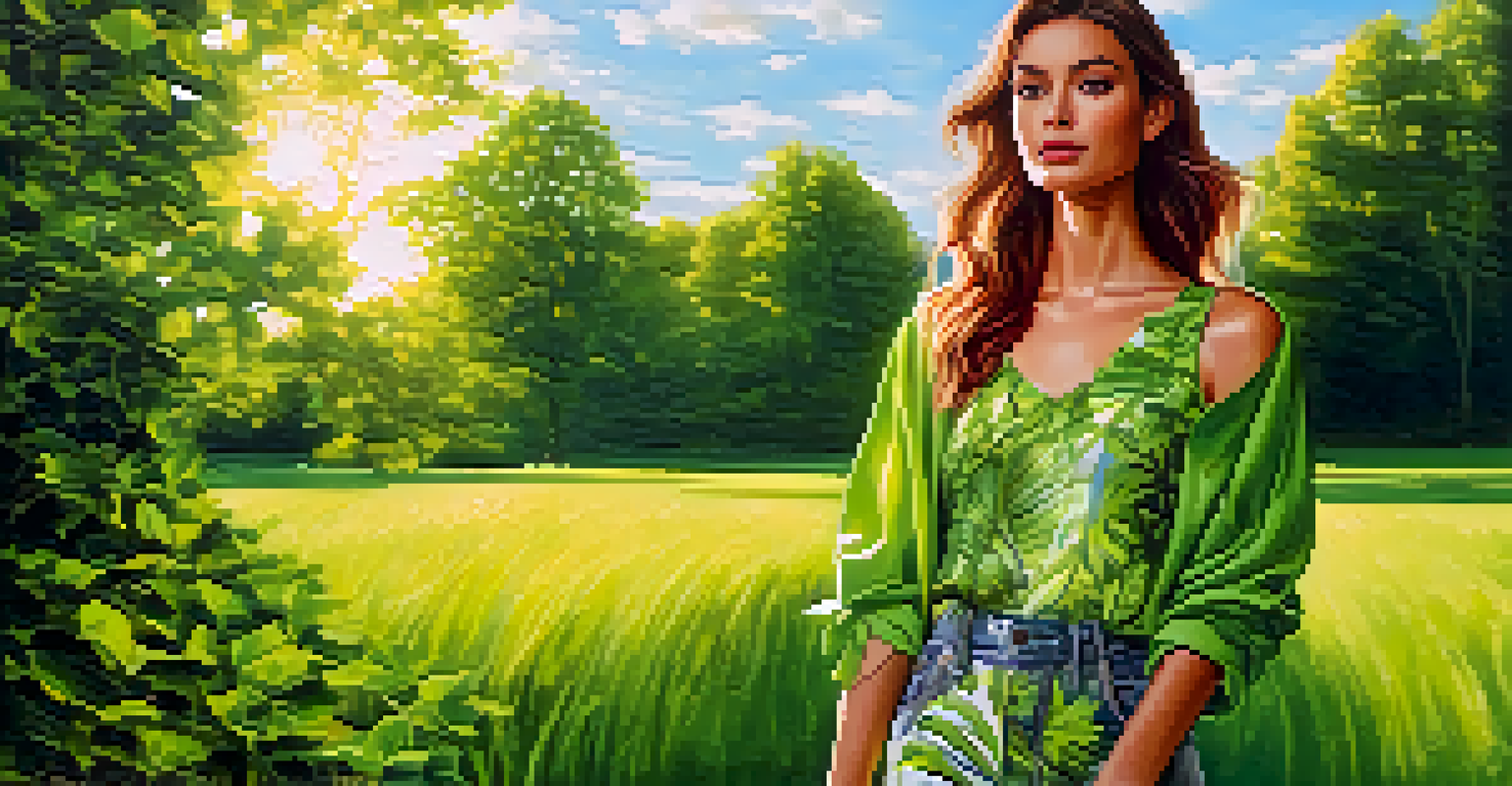 A fashion model in a park wearing an outfit made from recycled fabrics, illuminated by sunlight.