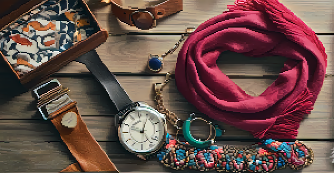 A flat lay of fashion accessories including a statement necklace, colorful scarf, and vintage watch on a wooden table with soft lighting.