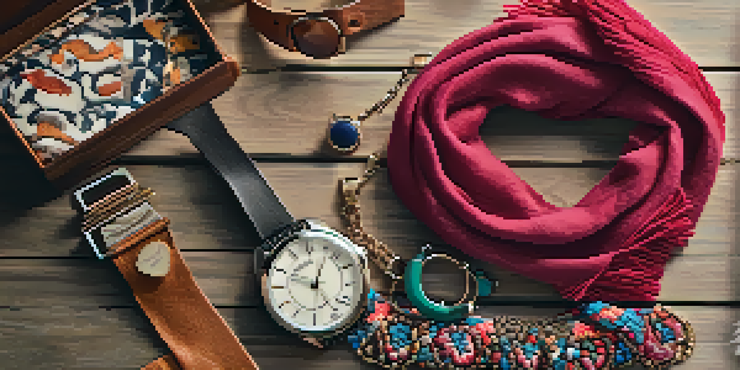 A flat lay of fashion accessories including a statement necklace, colorful scarf, and vintage watch on a wooden table with soft lighting.