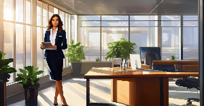 A professional woman in a navy blazer and white blouse stands confidently in a bright modern office, holding a tablet.