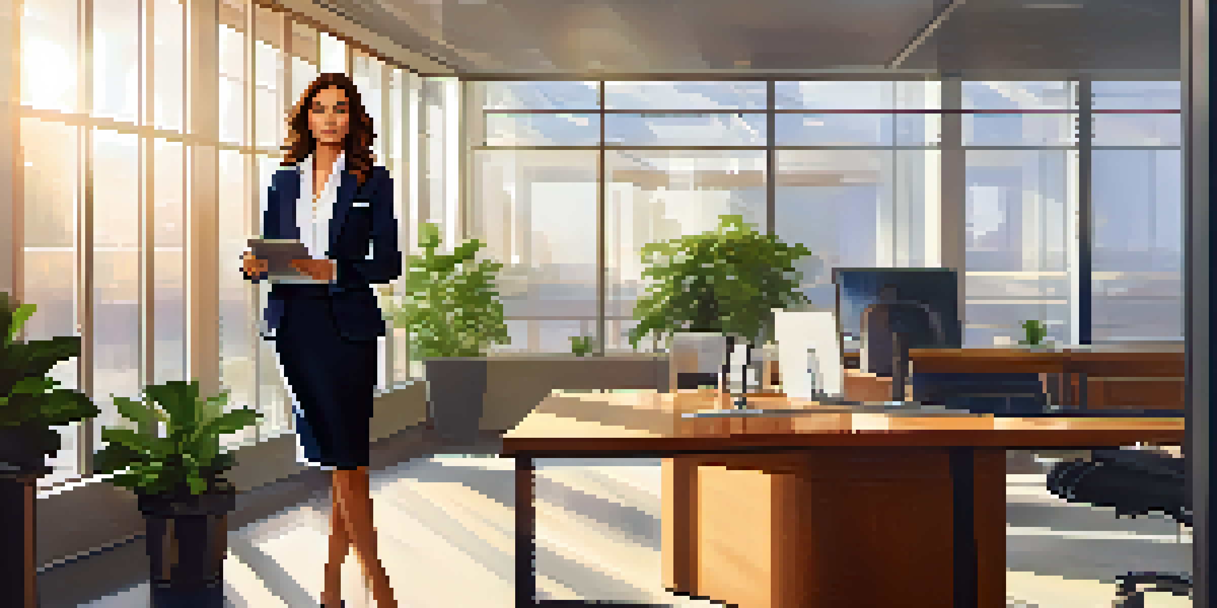 A professional woman in a navy blazer and white blouse stands confidently in a bright modern office, holding a tablet.