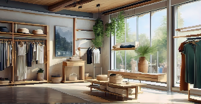 An eco-friendly clothing store filled with sustainable fashion items, illuminated by natural light.