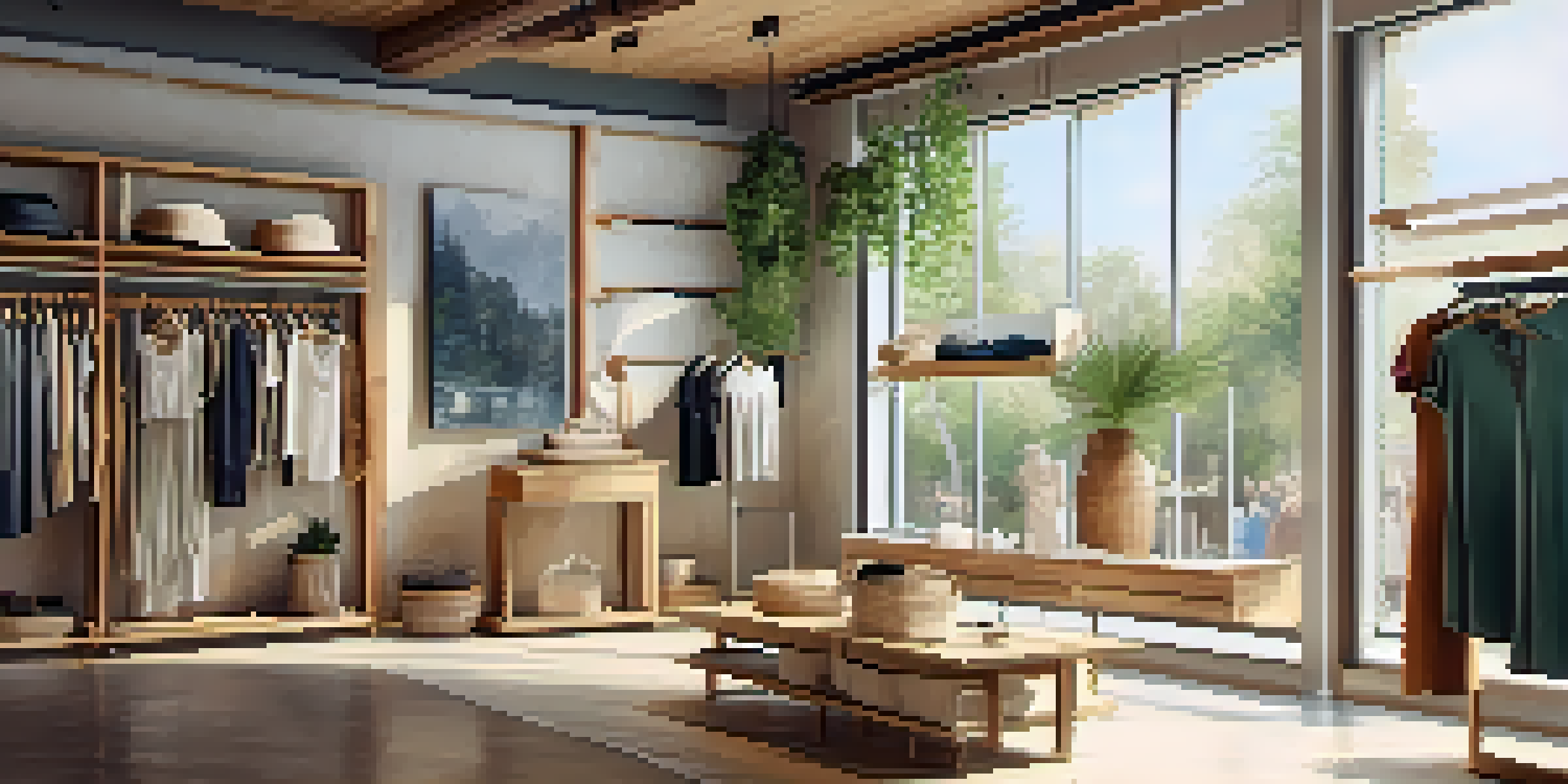 An eco-friendly clothing store filled with sustainable fashion items, illuminated by natural light.