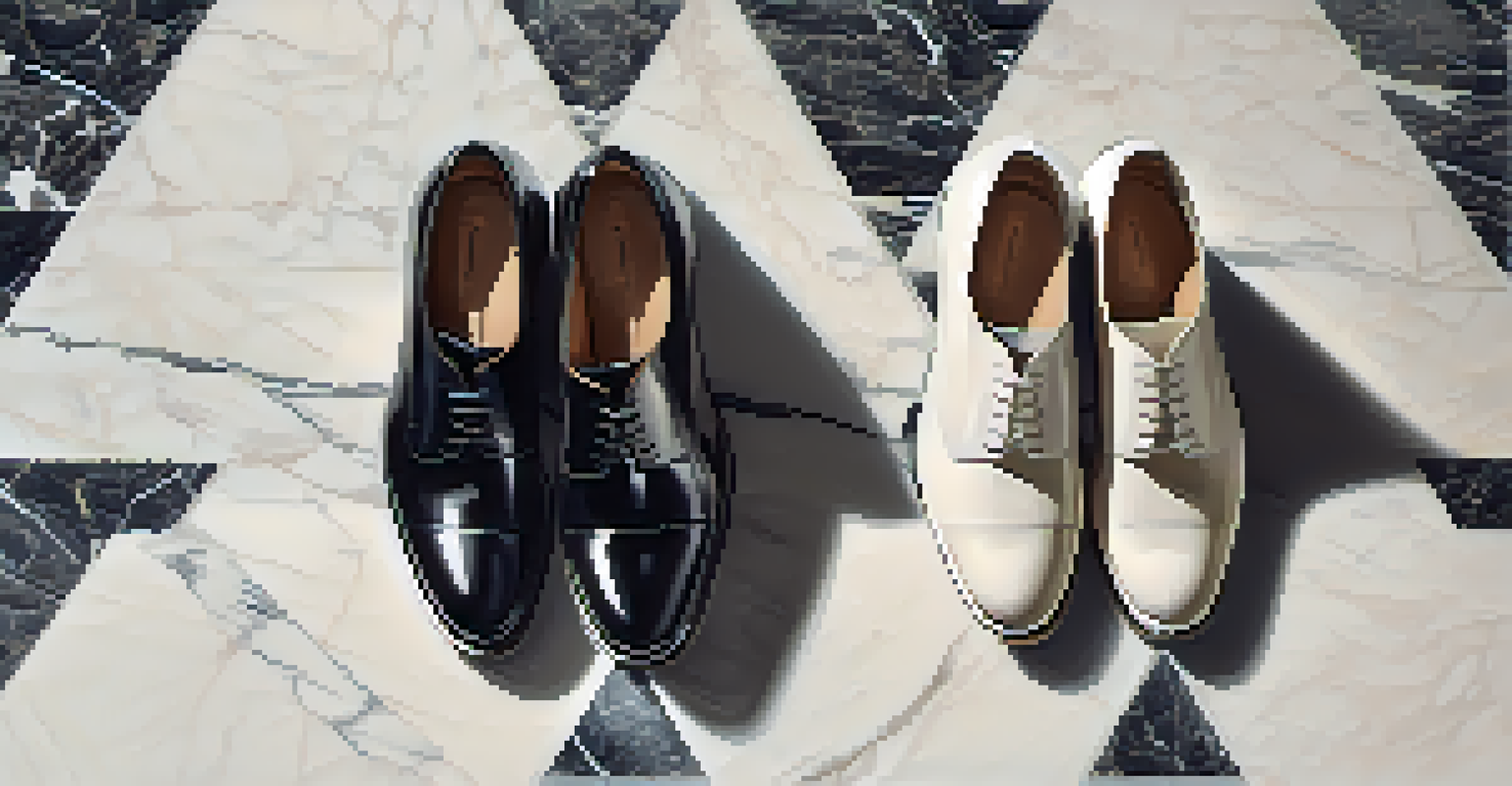 A pair of fashionable shoes displayed on a marble floor, highlighting their design and materials under reflective lighting.