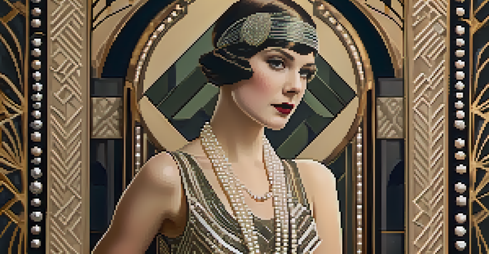 A glamorous woman in a flapper dress stands against an art deco backdrop, illuminated by soft warm lighting.
