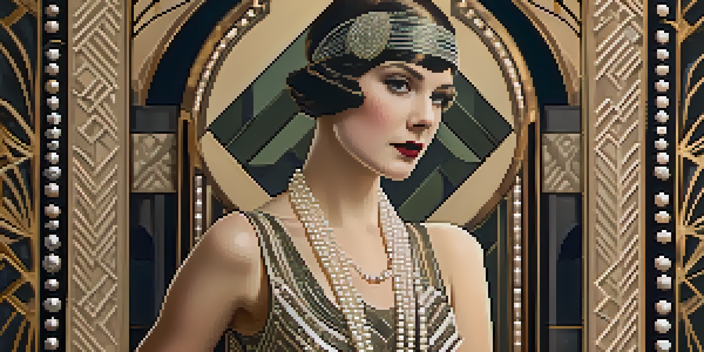 A glamorous woman in a flapper dress stands against an art deco backdrop, illuminated by soft warm lighting.